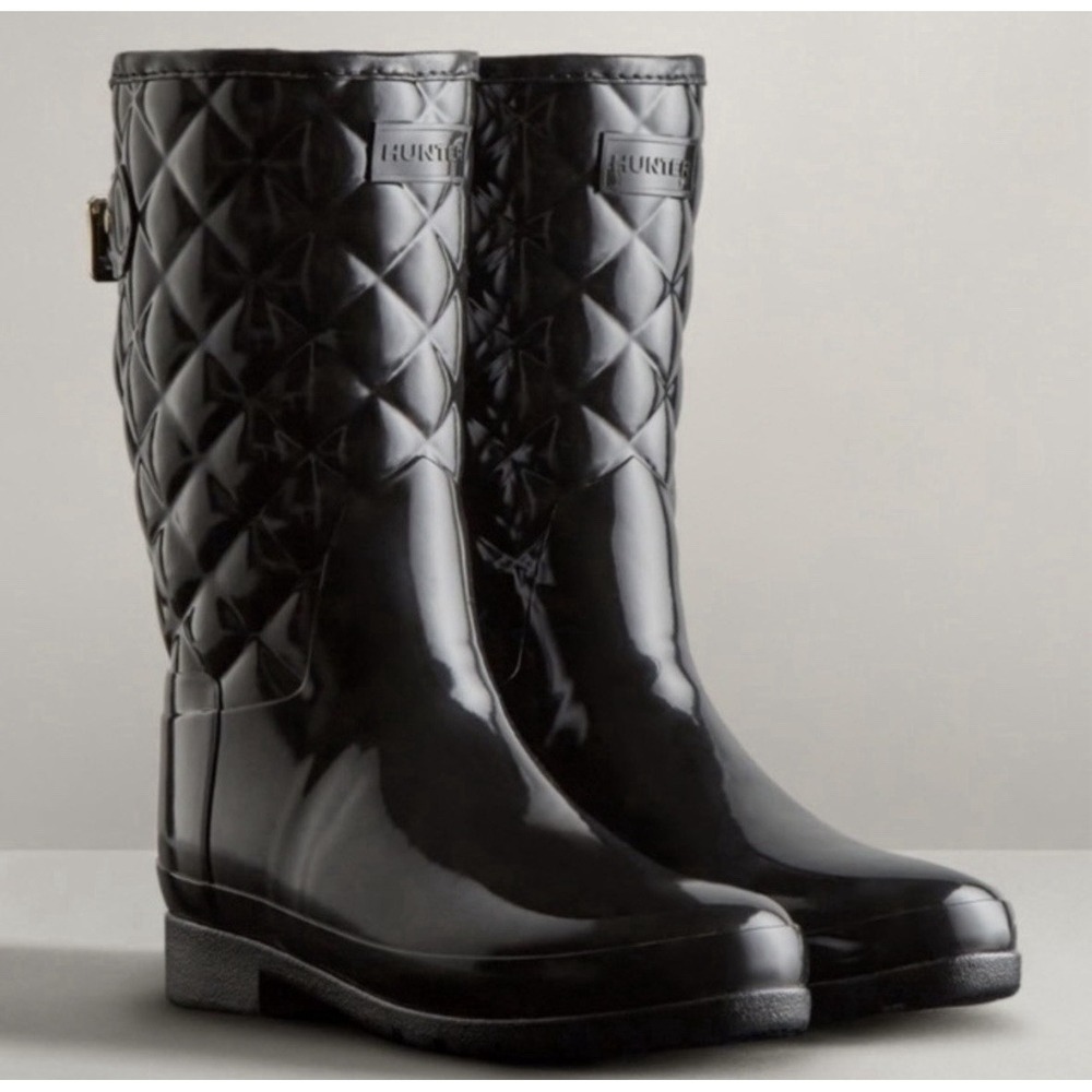 Hunter Refined Black Gloss Quilted Short Rain Boots Women's US 5 EU 36 Pull On